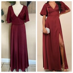 NWOT Lulus Elegant Confidence Red Satin Flutter Sleeve Cutout Maxi Dress